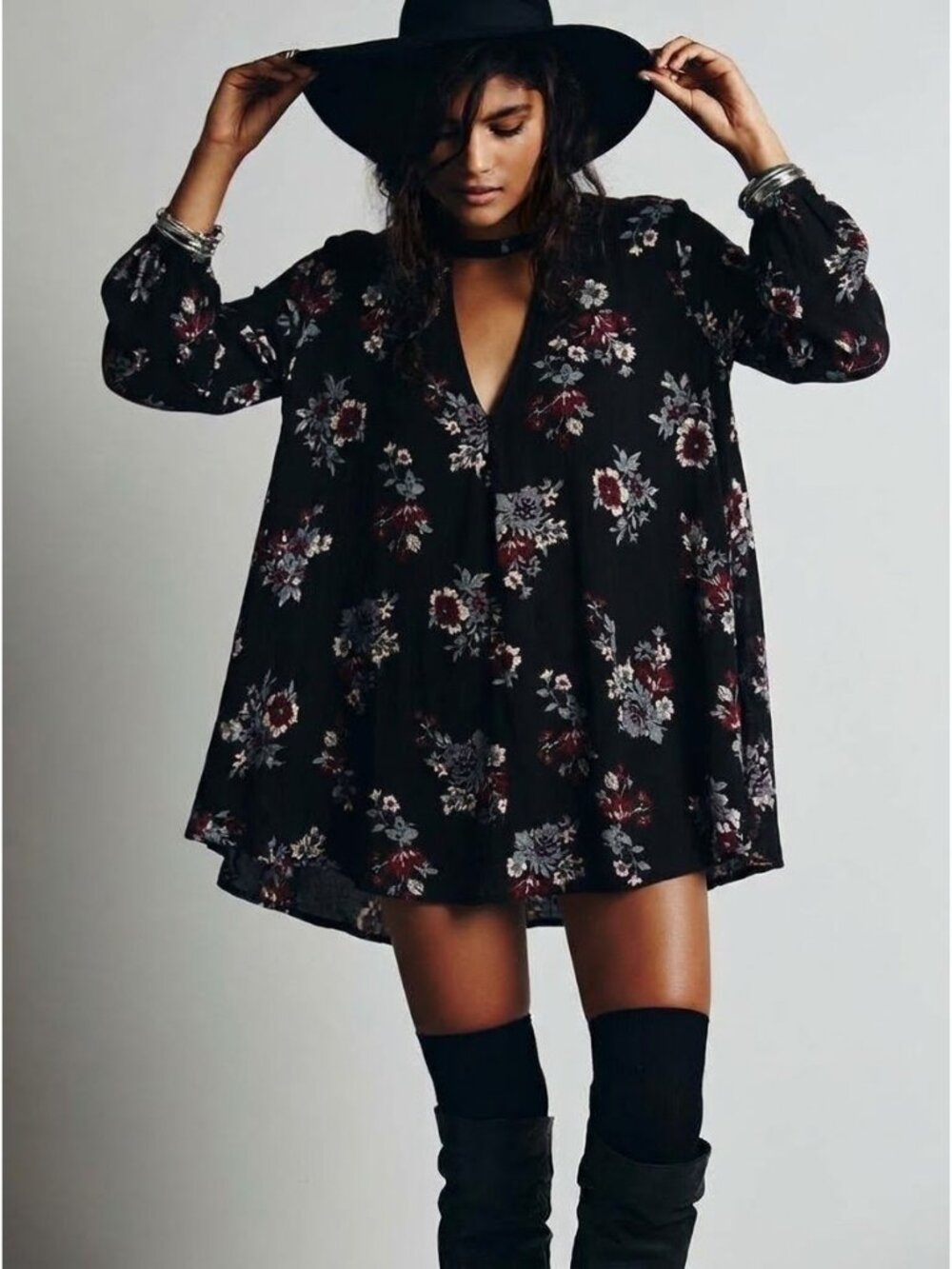 Free People Black Moody Floral Keyhole Tunic Mini Dress S| Dark Cottagecore Boho